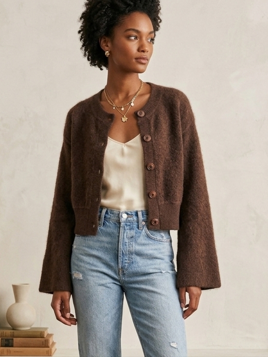 Pilcro Sweaters - Pilcro Cashmere Dark Brown Fuzzy Knit Cardigan Size S